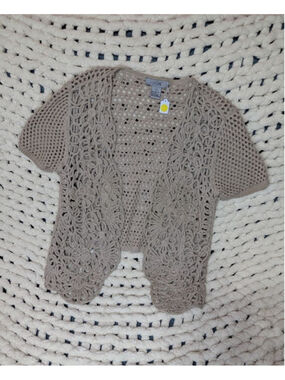 La Seine Beige Crochet Open Front Short Sleeve Shrug Cardigan Women's Large